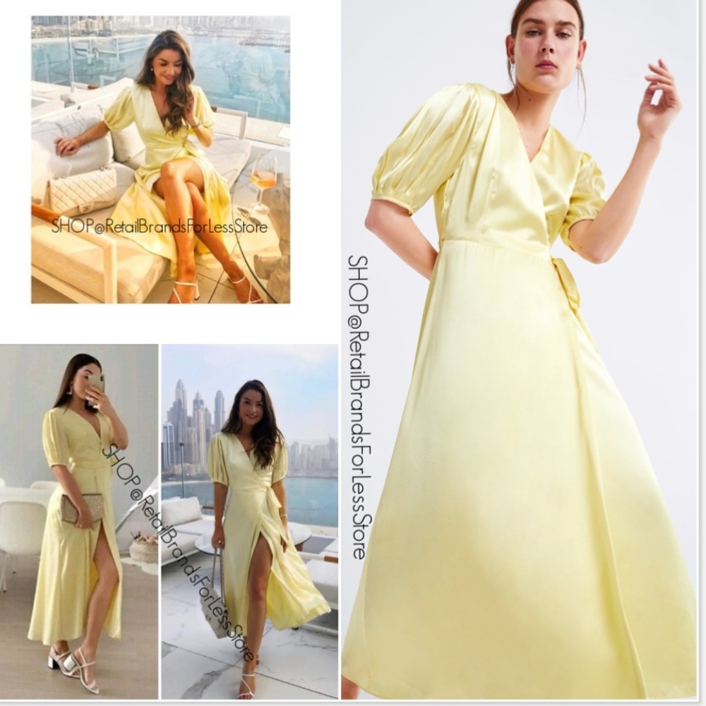 ZARA FULLY LINED YELLOW SATIN EFFECT WRAP LONG MAXI DRESS